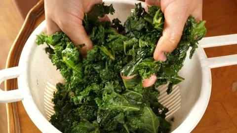 Preparing kale chips hands mixing fresh leaves with spices Stock Footage 138097996
