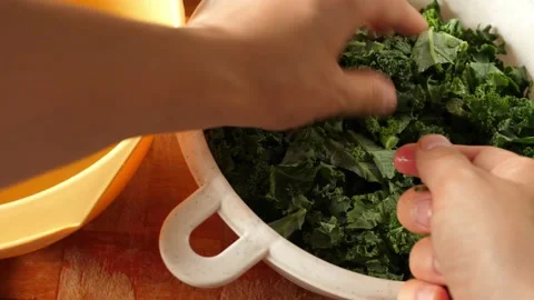 Preparing kale chips separating hard parts of the leaves Removing ribs Stock Footage 137977229