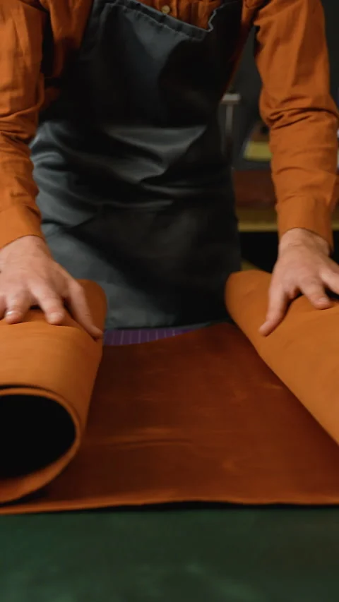 Preparing Leather Rolls for Crafting Handmade Goods Stock Footage 296239463