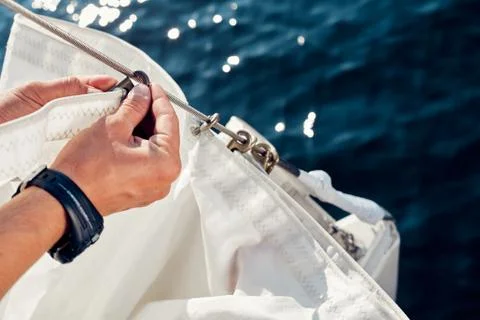 Preparing before lifting staysail sails Foto stock