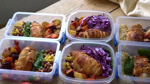 Preparing meals ahead. Lunch Portion Control Containers. Weekend healthy meal Stock Footage 220239951