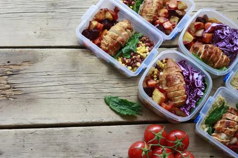 Preparing meals ahead. Lunch Portion Control Containers. Weekend healthy meal Stock Photos