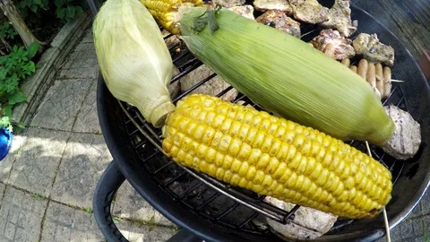 Preparing meat and corn on barbecue in the backyard for a family party in London Stock Footage 79930028