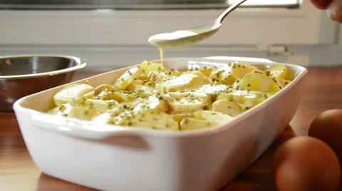 Preparing moussaka in a ceramic baking dish Stock Footage 43279716