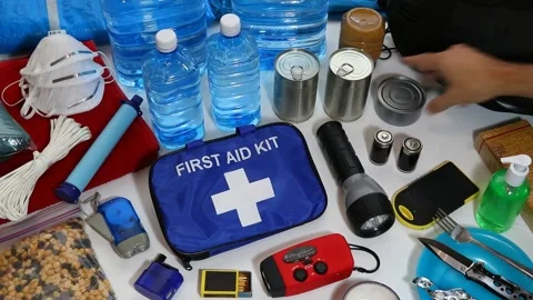 Preparing for natural disasters involves creating an emergency survival kit. Stock-Footage 144105664