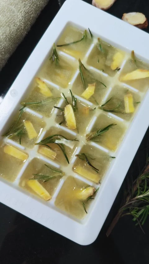 Preparing natural skincare ice cubes using a white tray, filling cells with Video stock 341859403