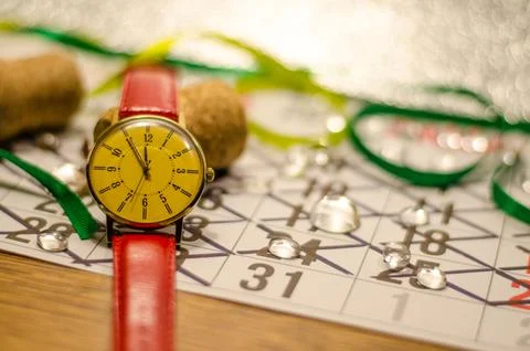Preparing for the new year 2019. On the clock five to twelve. Calendar with c Stock Photos