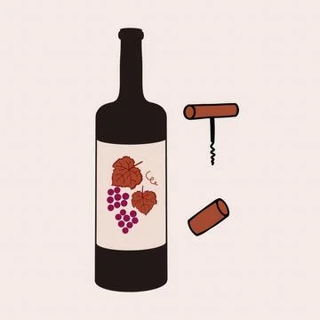 Preparing to open a bottle of wine with corkscrew and cork Stock Illustration
