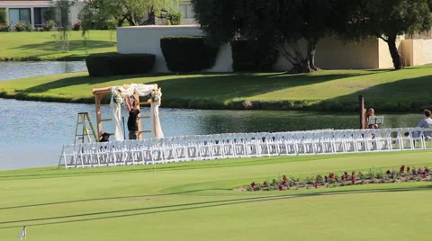Preparing For Outdoor Wedding at Golf Course Stock Footage 50940297