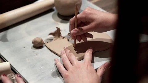 Preparing of part of the ceramic bowl in pottery workshop table Stock Footage 201568480