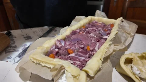 Preparing pastry before closing pate en croute Stock-Footage 345837756