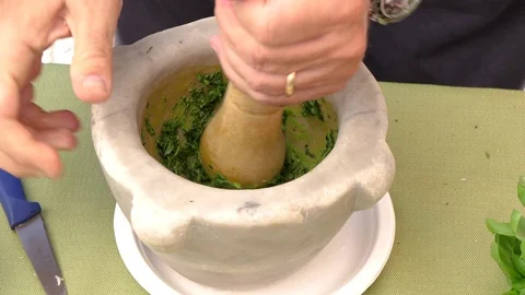 Preparing pesto with real ingredients Stock Footage 117920798