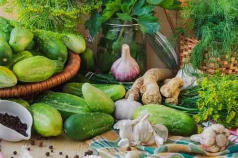 Preparing pickling cucumbers various components Stock Photos