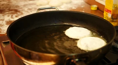 Preparing pies with meat. Flour, dough and meat in oil pan 스톡 동영상 61669853