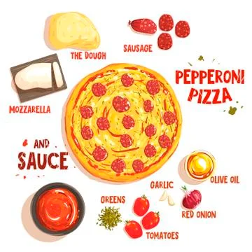 Preparing Pizza Pepperoni Set Of Ingredients Stock Illustration