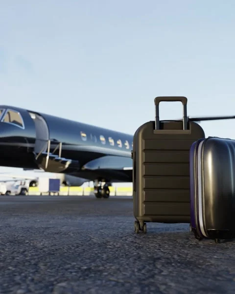 Preparing for a private flight. Business jet with suitcase on tarmac Vídeo Stock 330296055