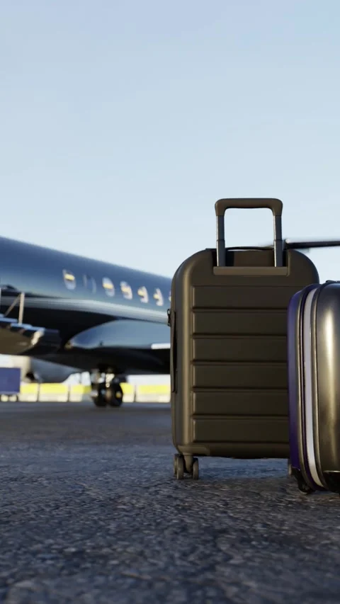 Preparing for a private flight. Business jet with suitcase on tarmac Vídeo Stock 330296057