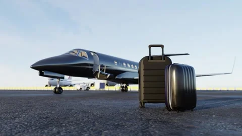Preparing for a private flight. Business jet with suitcase on tarmac Видео 330296128
