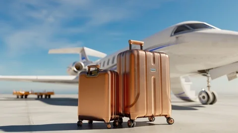 Preparing for a private flight. Jet. Luggage. Exclusive. Runway. Blue sky. 4k HD Stock Footage 126298630
