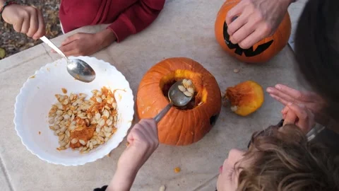 Preparing pumpkin for Halloween. Stock Footage 231613628