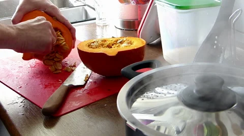 Preparing pumpkin for soup Stock Footage 49227995