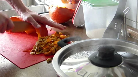 Preparing pumpkins for soup Stock Footage 49228163