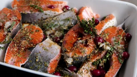 Preparing raw pieces of red fish salmon or trout Stock Footage 149688242