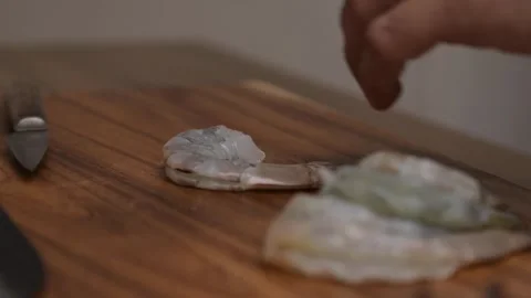 Preparing Raw Shrimp Peeling and Deveining Seafood Cleaning Close-Up Stock-Footage 328682560