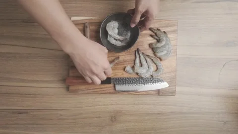 Preparing Raw Shrimp Peeling and Deveining Seafood Cleaning Close-Up Stock Footage 328682569