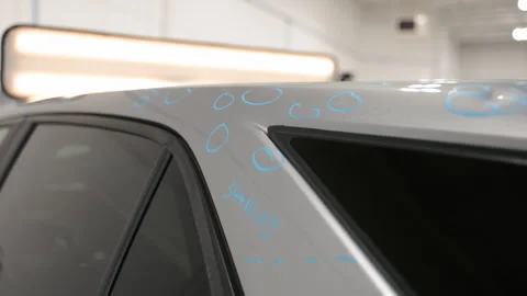 Preparing to Repairing car after Hail Damage in car body shop Stock Footage 332183280