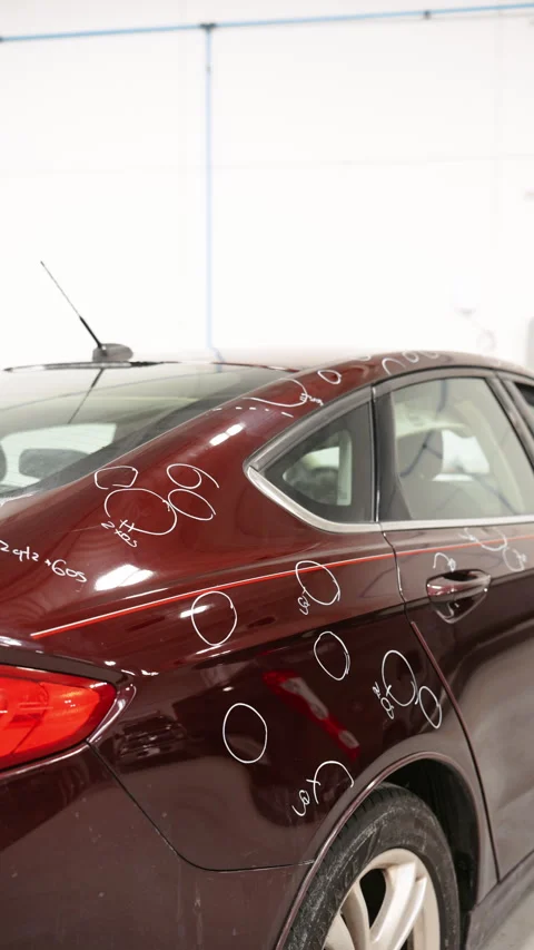 Preparing to Repairing Hail Damage in car body shop. Vertical Stock Footage 332183266