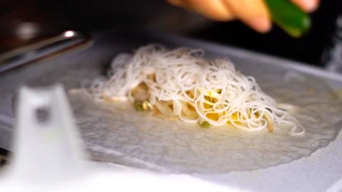 Preparing Rice Noodle Spring Rolls in Slow Motion Closeup Stock Footage 125339281