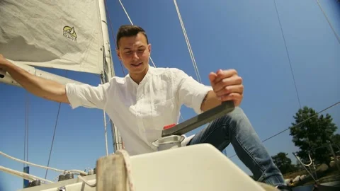Preparing ropes for changing sailing boat direction.  Stock Footage 201518607