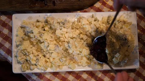 Preparing Salad Homemade Herring. Beetroot Green Onions Scallions Cucumber mixed 스톡 동영상 127781062