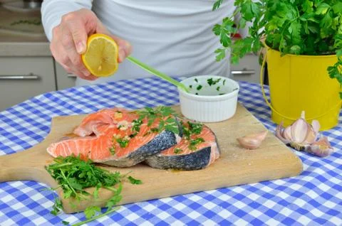 Preparing Salmon Steaks Stock Photos