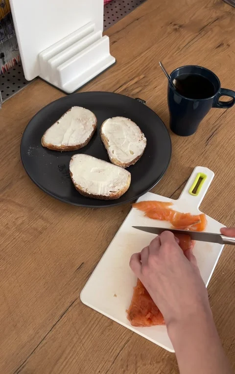 Preparing Salmon Toasts for Breakfast Stock Footage 303189493