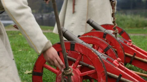 Preparing for salvo of Russian guns. Reconstruction of Korela Fortress, Russia Stock Footage 33794209