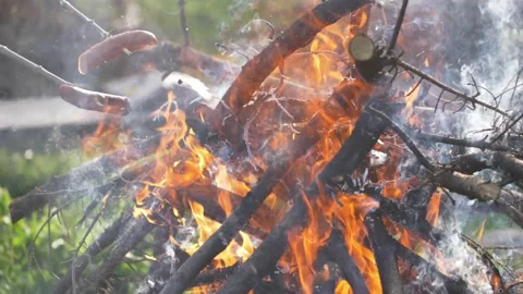 Preparing sausages on a fire. Camping in the wild. 스톡 동영상 144357305