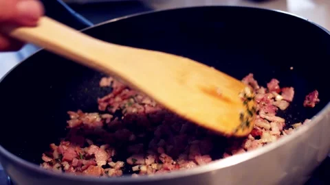 Preparing Sizzling Bacon in Pan Video stock 166829408