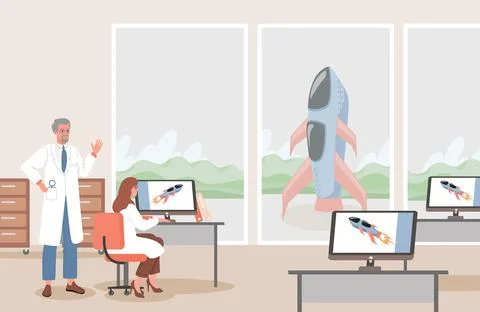 Preparing for space expedition. Space flight control center vector flat Stock Illustration