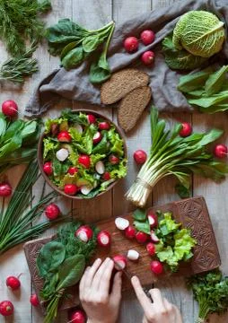 Preparing spring vegetable healthy salad with radish, cucmber, savoy cabbage Stock Photos