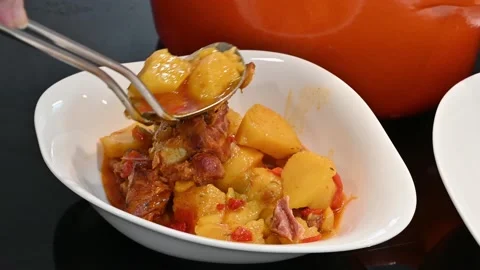 Preparing a stew of roasted ribs, serving on a plate Stock Footage 219720743