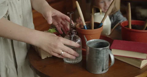 Preparing table and tools for replanting an ornamental plant at home Stock Footage 278189827