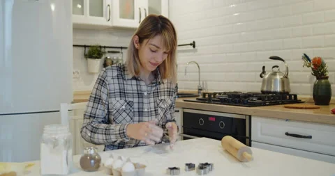 Preparing table for kneading dough for baking homemade cookies Stock Footage 146112185