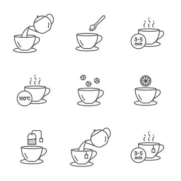 Preparing tea vector icons set outline style Stock Illustration