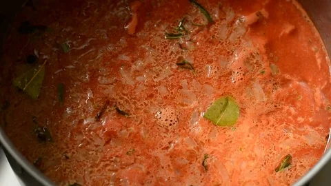 Preparing tomato soup in steinless steel pot. Stock Footage 75343607