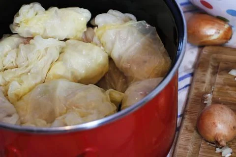 Preparing traditional stuffed cabbage rolls by filling softened cabbage leave Stock-Fotos