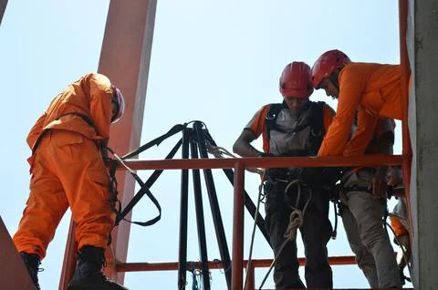 Preparing for training vertical rescue Stock Photos