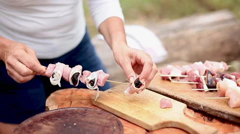 Preparing various meat kebabs for grilling Stock Footage 63305719