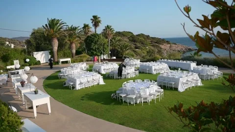 Preparing for a wedding ceremony by the sea Video stock 245017111